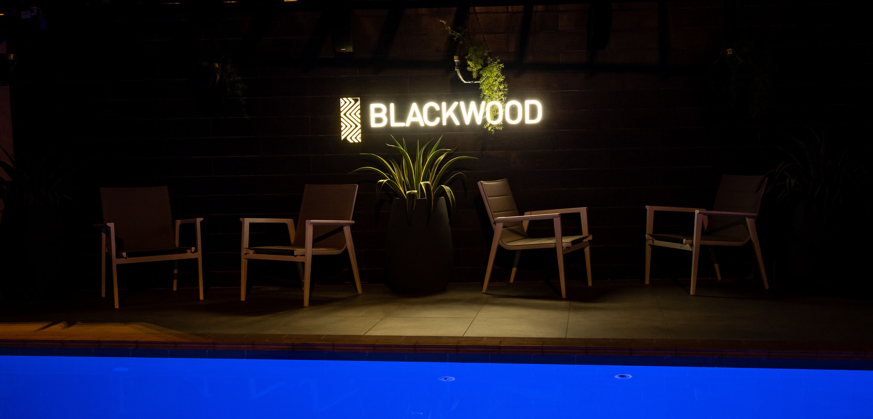 Un espace aménagé au bord de la piscine, avec une pancarte indiquant « BLACKWOOD » et deux chaises longues.