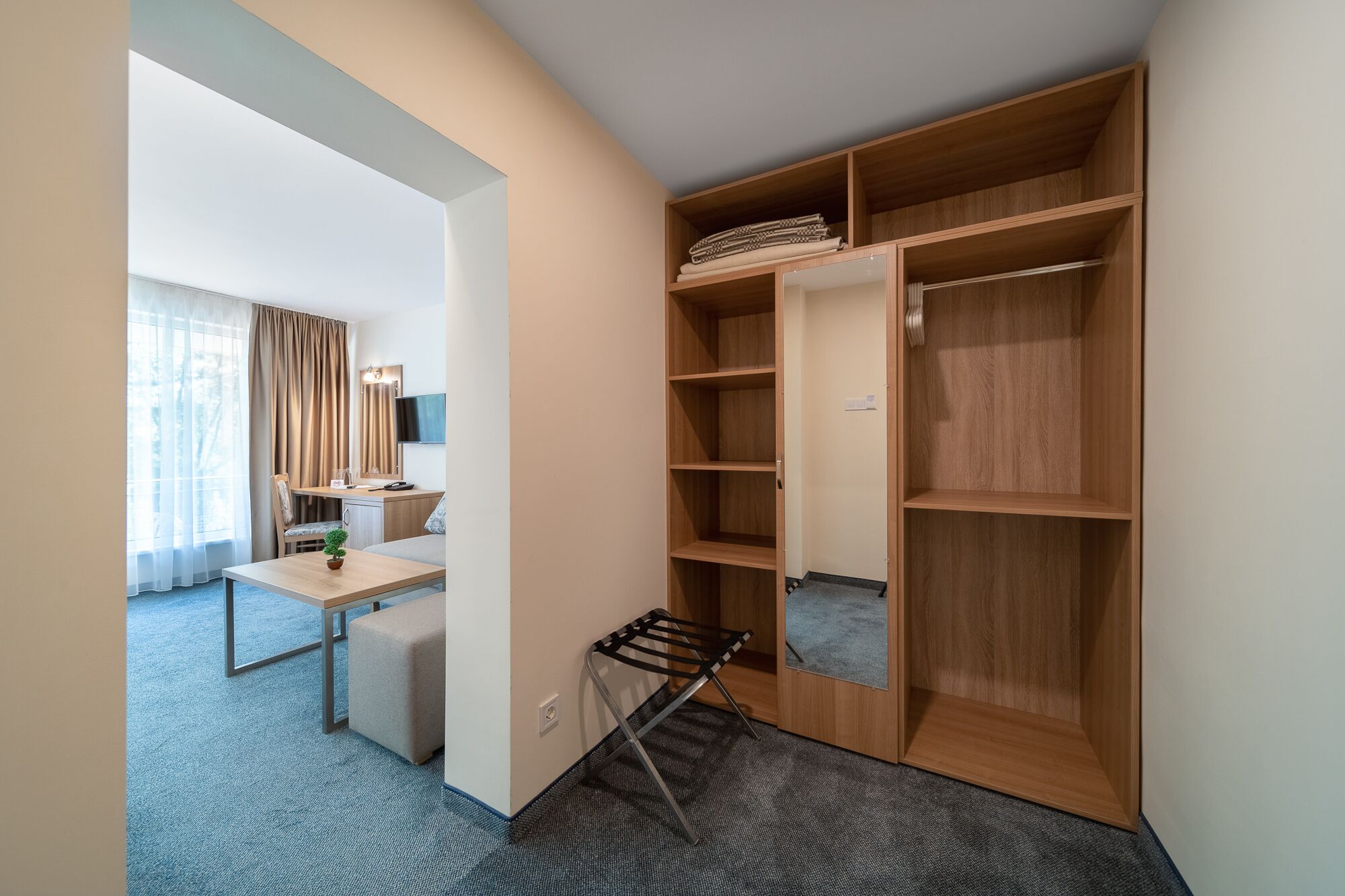 Une chambre d’hôtel avec une armoire en bois, un bureau avec une chaise, une petite table avec une plante et un miroir.