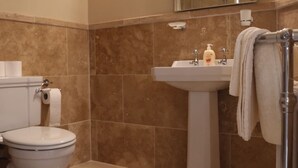 A bathroom with a toilet, sink, and mirror. - 4 bed historically significant house sleeping 8 (Clarecastle)