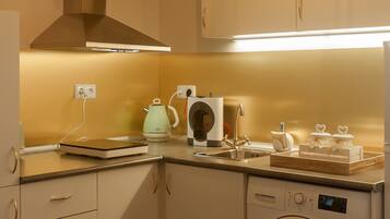 Fridge, microwave, electric kettle, toaster