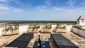 Eine Dachterrasse mit Tisch für zwei Personen, Blumentöpfen und Blick auf die Küste.