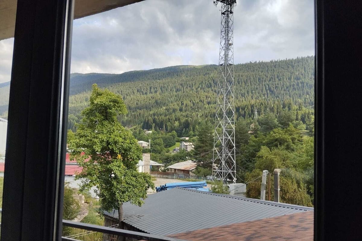 A view from a window overlooking a forested area with a tall communication tower.