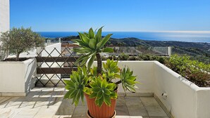 A balcony with potted plants, a clear view of the sea, and a white building.