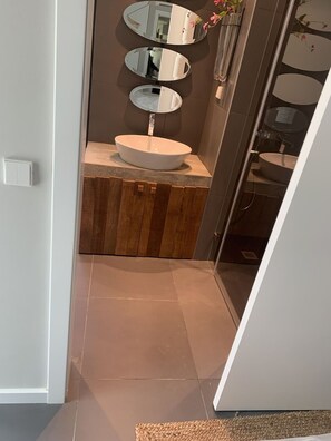 Combined shower/tub, hair dryer