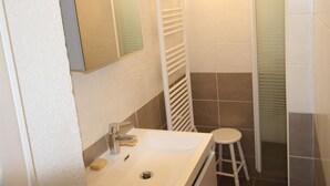 A bathroom with a sink, mirror, towel rack, and a shower stall. - Renovated well-equipped studio, south exposure, Chamrousse (Chamrousse)