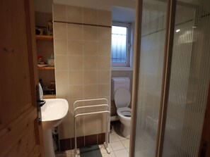 A bathroom with a toilet, sink, and shower area.