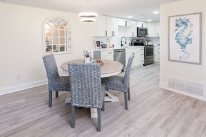 A modern kitchen with white cabinets, a microwave, and a built-in oven.