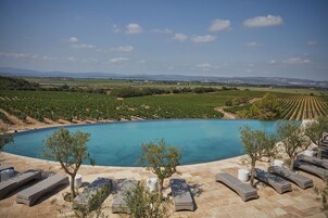 Piscina com espreguiçadeiras e vista para um vinhedo.