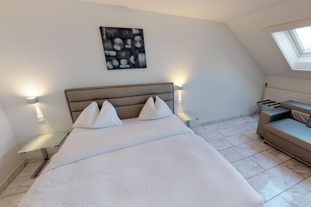 A modern bedroom with a large bed, a sofa, a skylight, and a wall-mounted artwork.