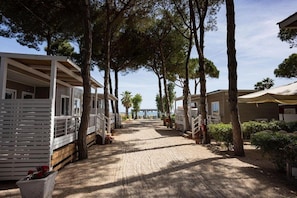 A pathway leading to a beach with mobile homes and trees. - Anxur Village Camping (Fondi)