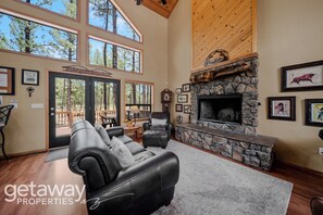 TV, fireplace, books