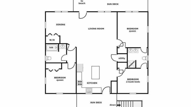 Plan d’étage d’une propriété située au 1350, avenue South Shore Drive, comprenant une salle à manger, un salon, une cuisine, deux chambres, une salle de bain et une terrasse ensoleillée.