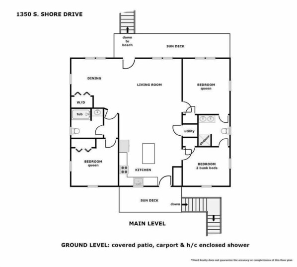 A floor plan of a property at 1350 S. Shore Drive, featuring a dining area, living room, kitchen, two bedrooms, a bathroom, and a sun deck.