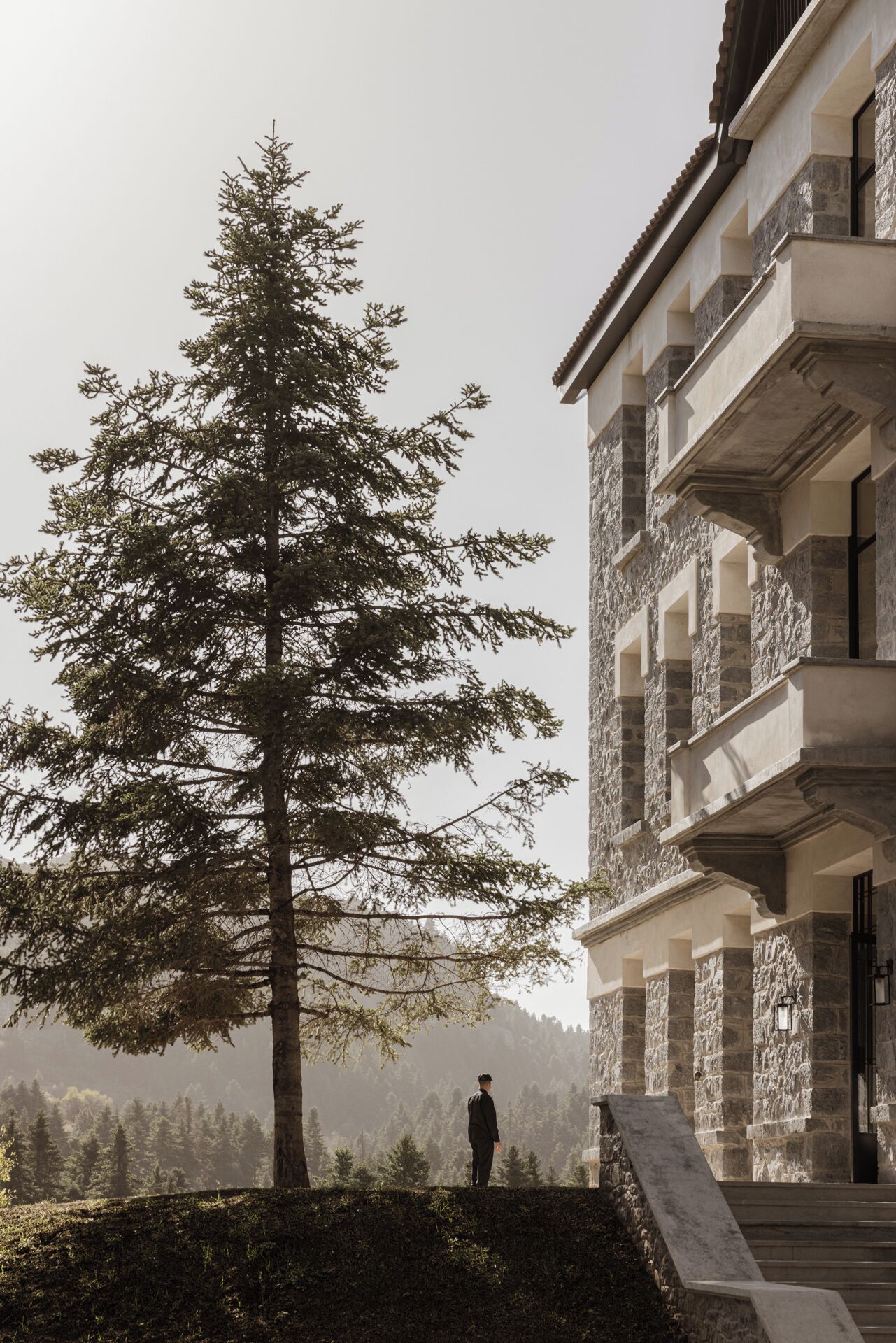 Una persona está de pie cerca de un árbol grande frente a un edificio con muros de piedra y un balcón.