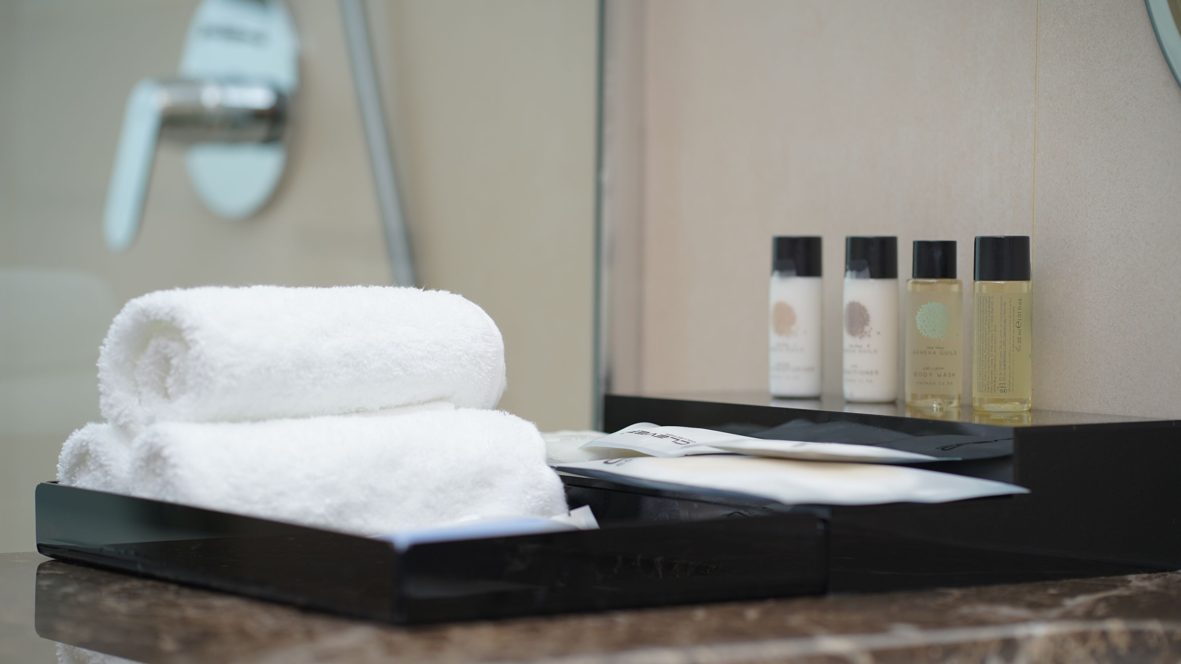 rainfall showerhead, hair dryer, slippers, bidet