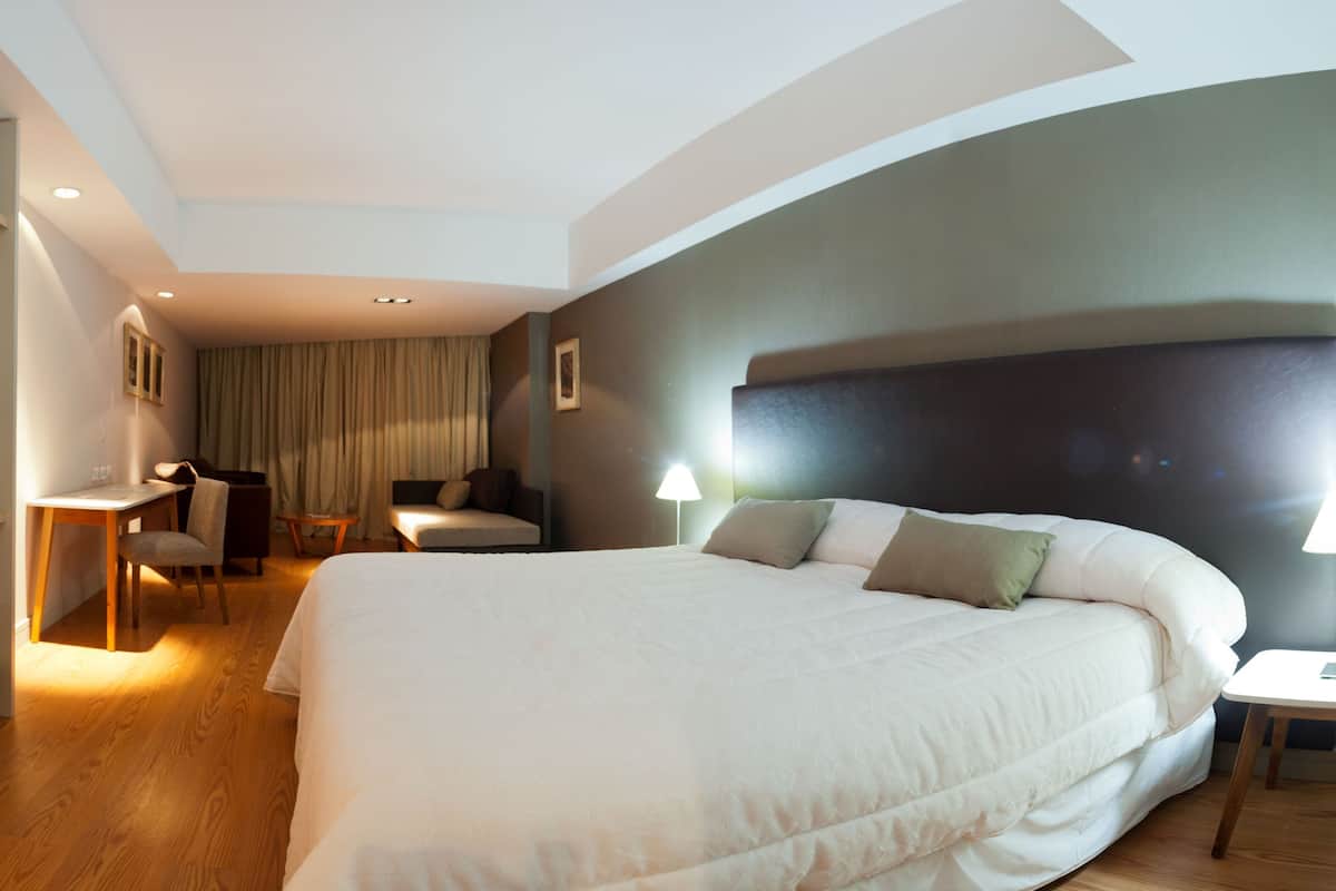 A hotel room with a large bed, a desk, a chair, a TV, and a lamp.