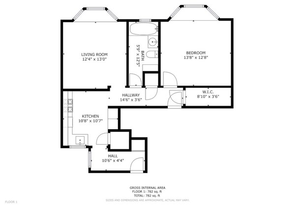 A floor plan of a house with a living room, bedroom, kitchen, bathroom, and hallways. - Classic Richmond Flat with 1BR/1BA Comfort Near Golden Gate Park, Lincoln Park & Dining Corridors (San Francisco)