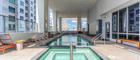 A rooftop pool, a heated pool