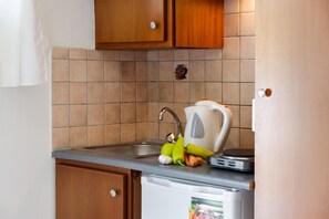 A kitchen with a sink, a kettle, and a small refrigerator.