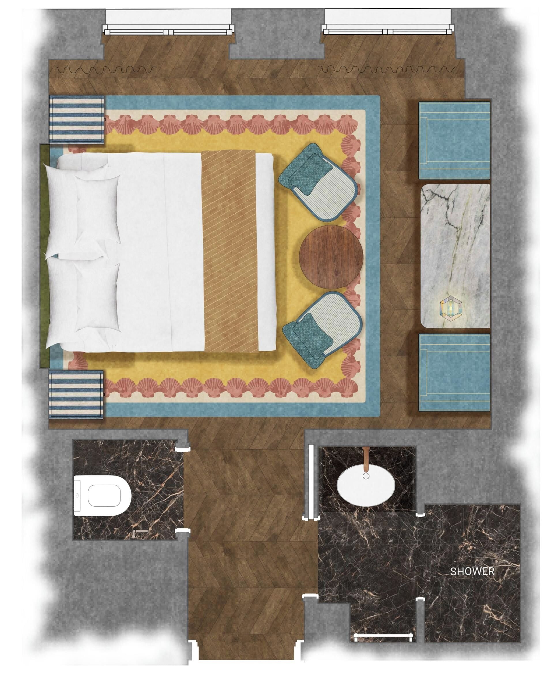 A hotel room layout with a bed, seating area, bathroom, and shower.