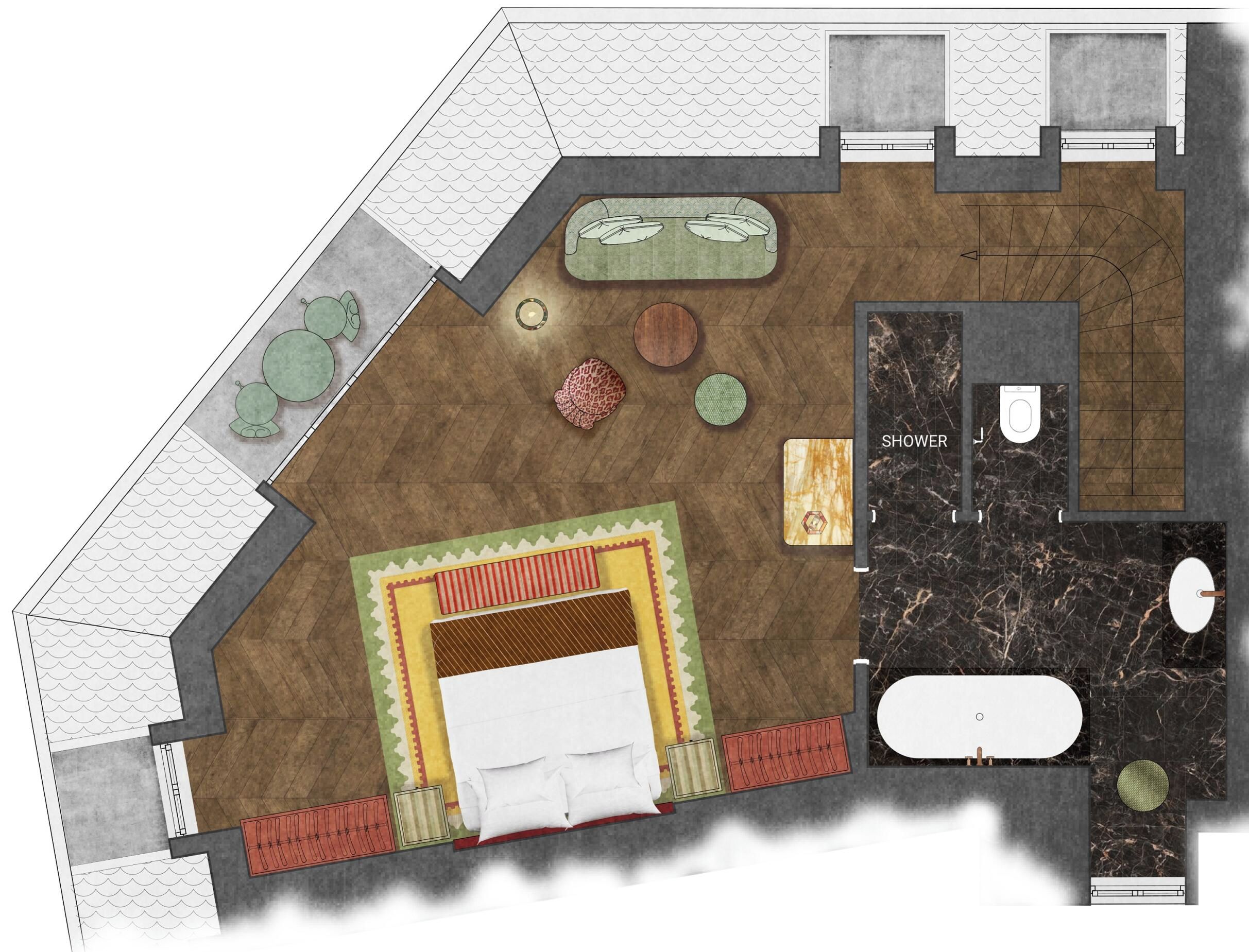 A floor plan of a hotel room with a bed, a shower, a toilet, and a bathtub.