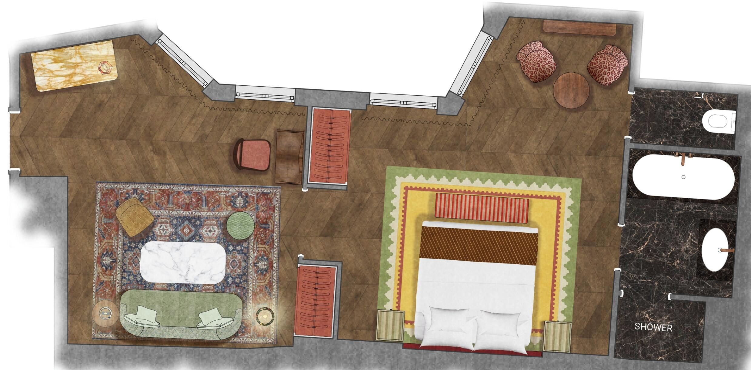 A hotel room layout with a bed, seating area, and a shower.