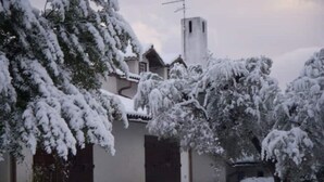 Un barrio residencial cubierto de nieve con una casa de estilo arquitectónico tradicional, que incluye un tejado de tejas y puertas de madera.