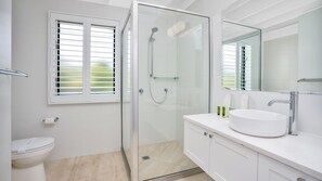 Regadera, jabón, shampoo, papel de baño 