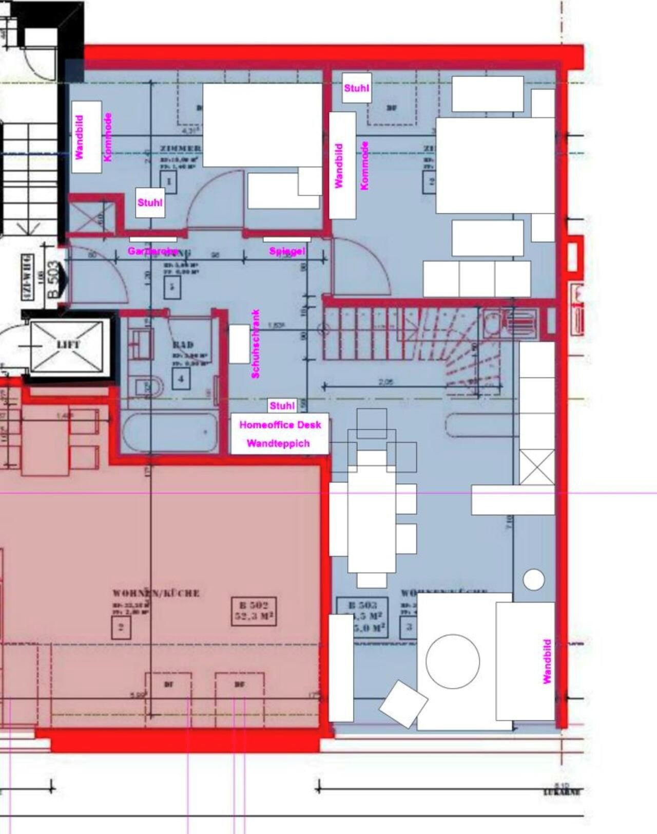 A floor plan with labeled rooms including a living area, kitchen, and bathroom.