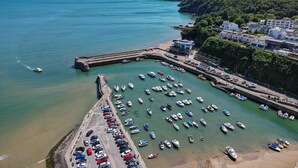 A coastal marina with numerous boats docked, a parking area with cars, and buildings along the shore.