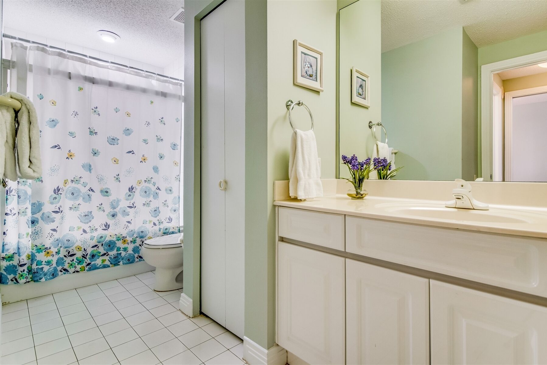 Et badeværelse med toilet, håndvask med spejl og et bruseforhæng med blomstermønster.