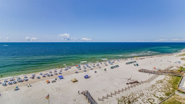 A beach with rows of umbrellas and sun loungers, a wooden boardwalk, and a clear view of the ocean. - Perdido Sun 1004 - indoor pool - Beachfront - NO HASSLE CHECK OUT (Perdido Key)