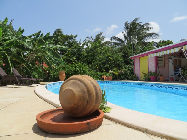 Un espace piscine agrémenté d’un grand pot en terre cuite, de chaises longues et d’un bâtiment à la façade colorée.