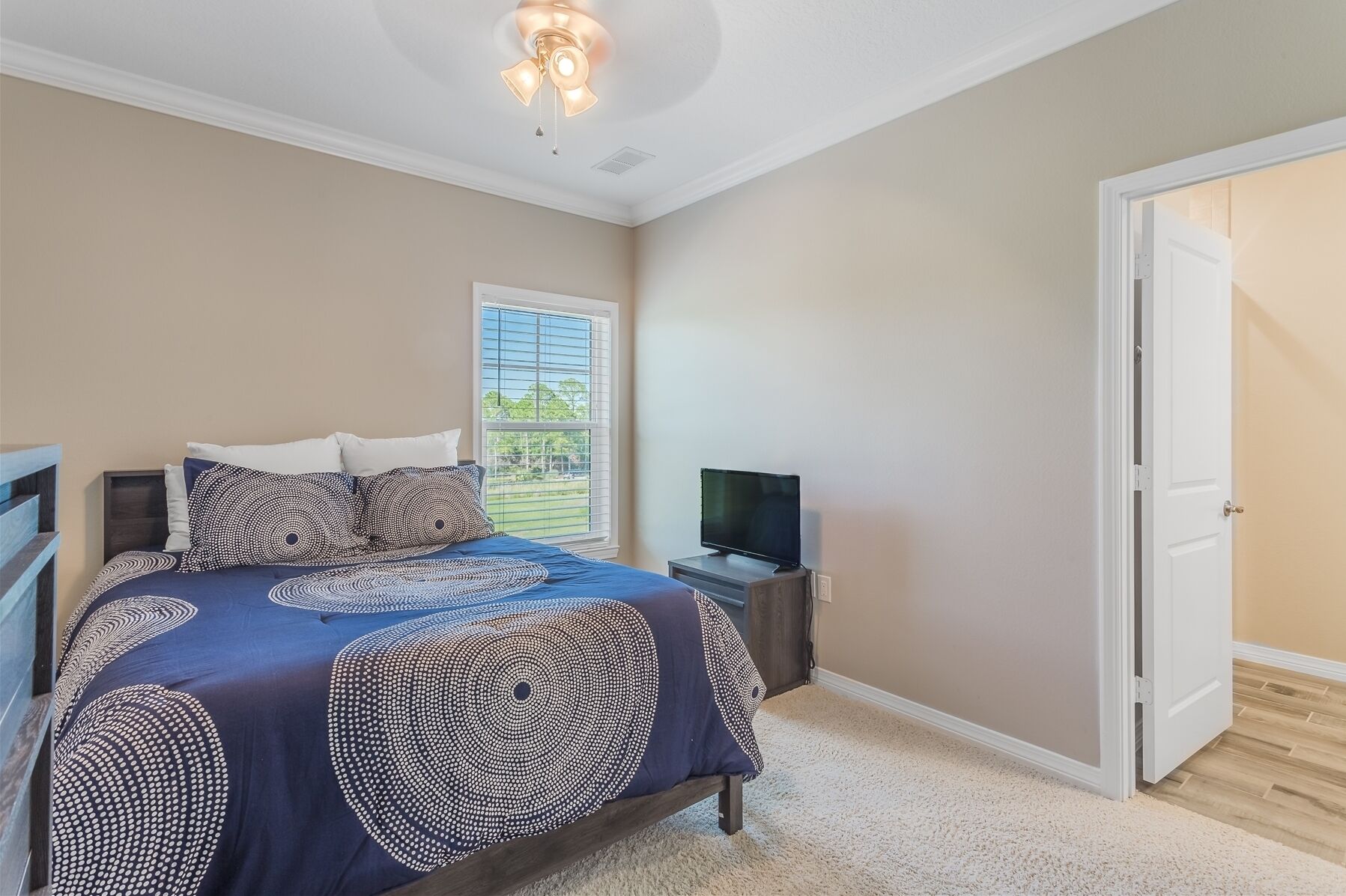 A bedroom with a bed, a TV, and a door.