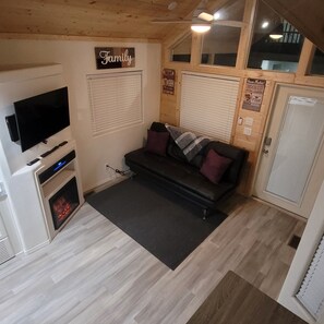 Smart TV, fireplace, books, stereo