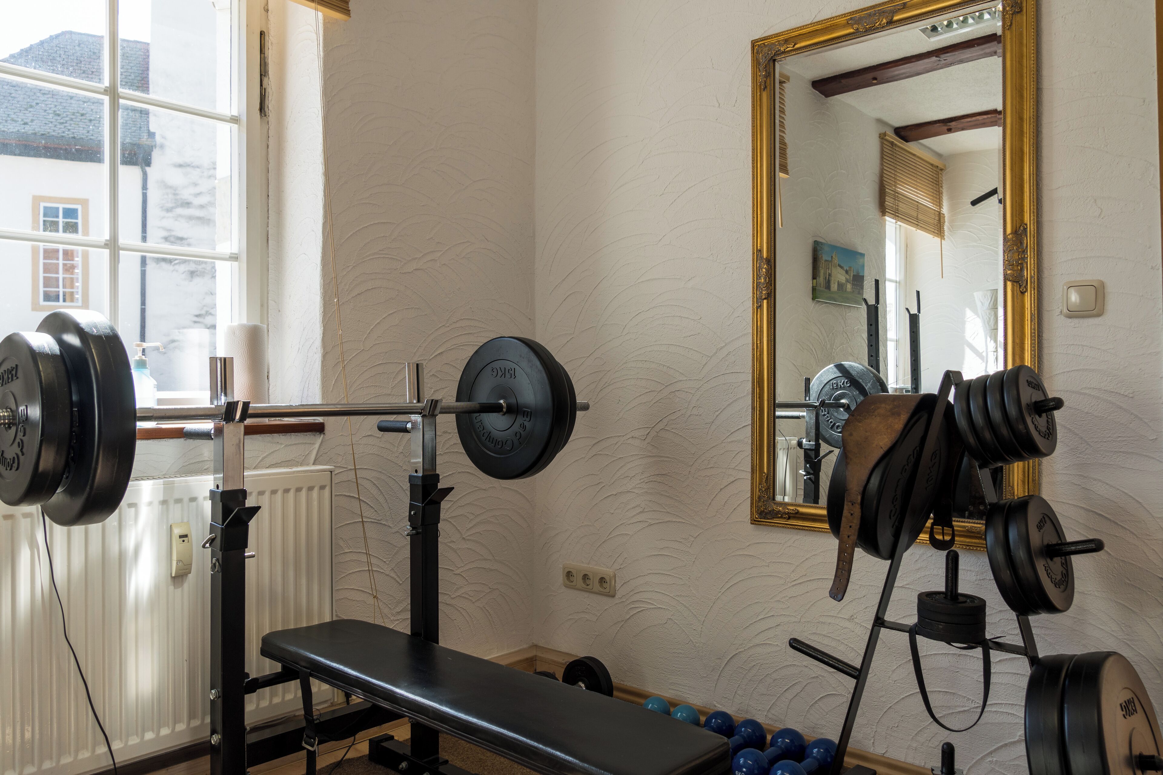 A gym with a bench, barbell, and weight plates.