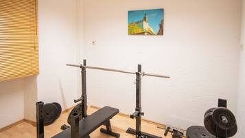 A gym with a bench press, squat rack, and weight plates.