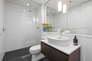 Shower, hair dryer, towels, shampoo