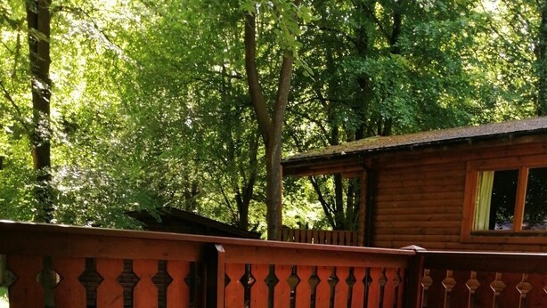 Un bain à remous entouré d’une terrasse en bois dotée d’une rambarde, situé dans un espace boisé.