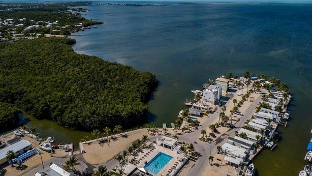 An aerial view of a coastal resort with a swimming pool, beach area, and dense forest. - Vacation Paradise478 (Key Largo)