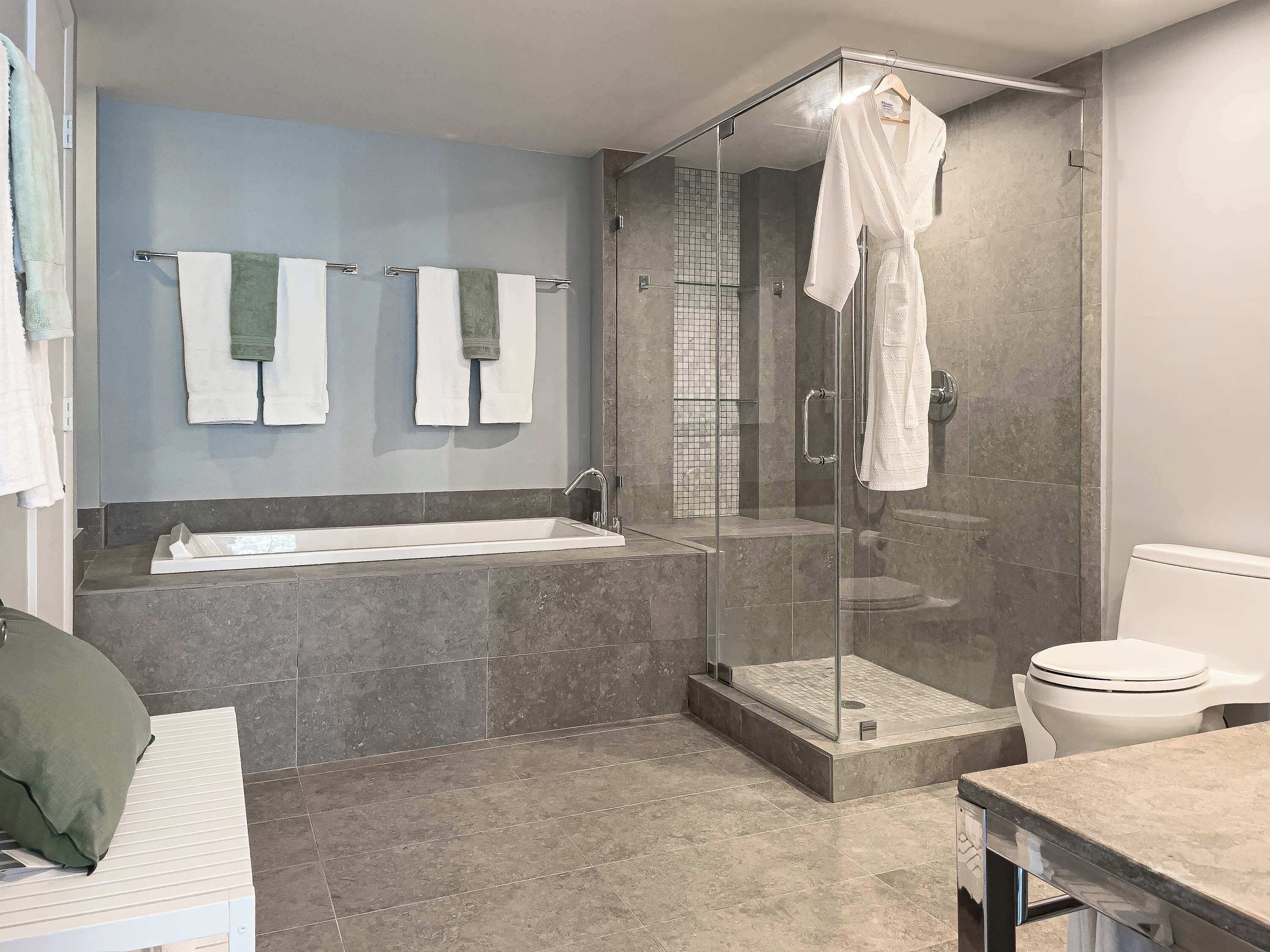 Bathtub, hair dryer, towels, shampoo