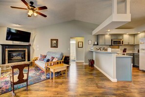 Smart TV, fireplace, books