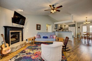 Smart TV, fireplace, books