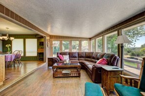 Smart TV, fireplace, books