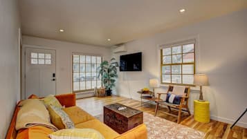 Smart TV, fireplace, books