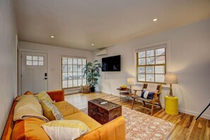 Smart TV, fireplace, books