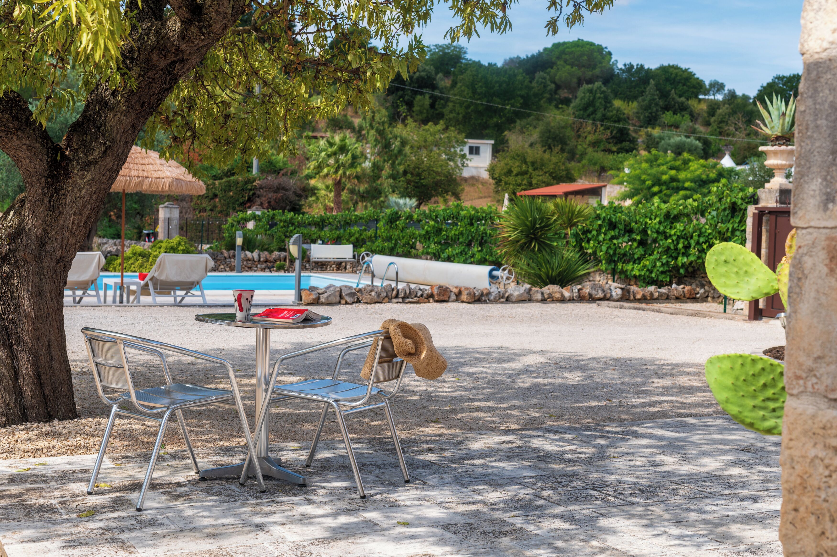 Zona de piscina amb taula i cadires, piscina i vegetació al voltant.