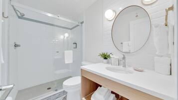 A modern bathroom with a glass-enclosed shower, a toilet, and a sink with a mirror above.