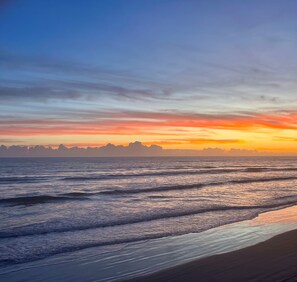 En la playa y camastros 