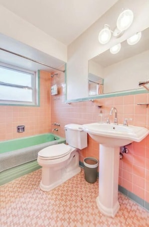Combined shower/tub, hair dryer, towels, soap